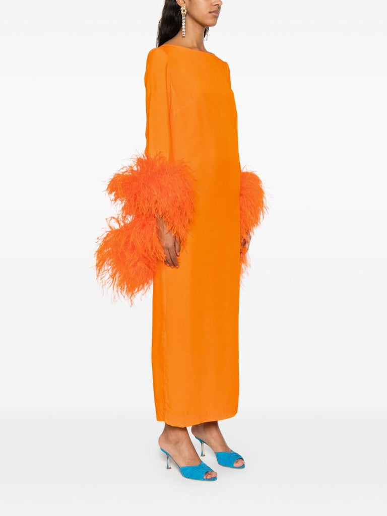 Orange Feather-trim Midi Dress