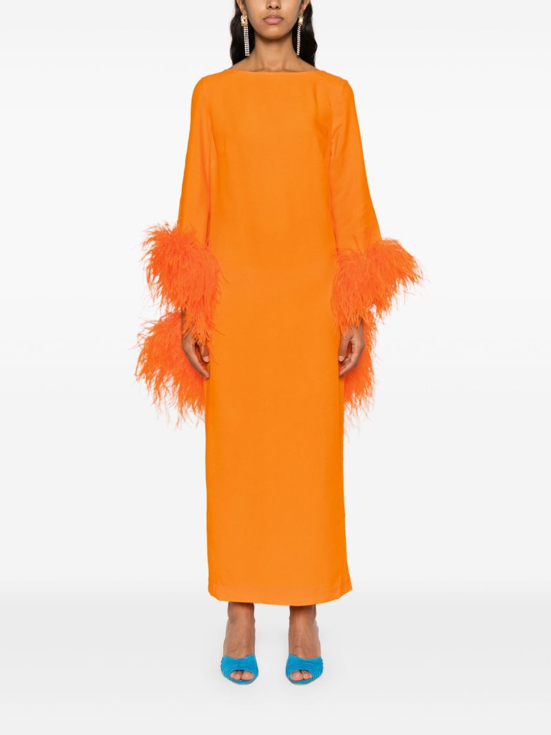 Orange Feather-trim Midi Dress
