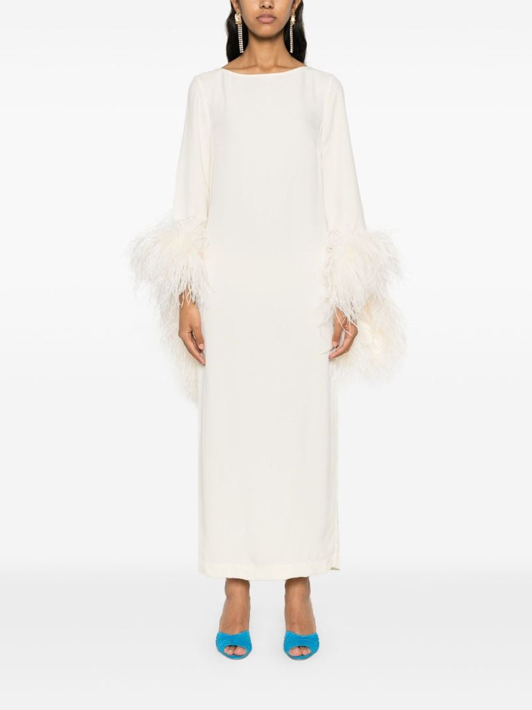 White Feather-trim Midi Dress