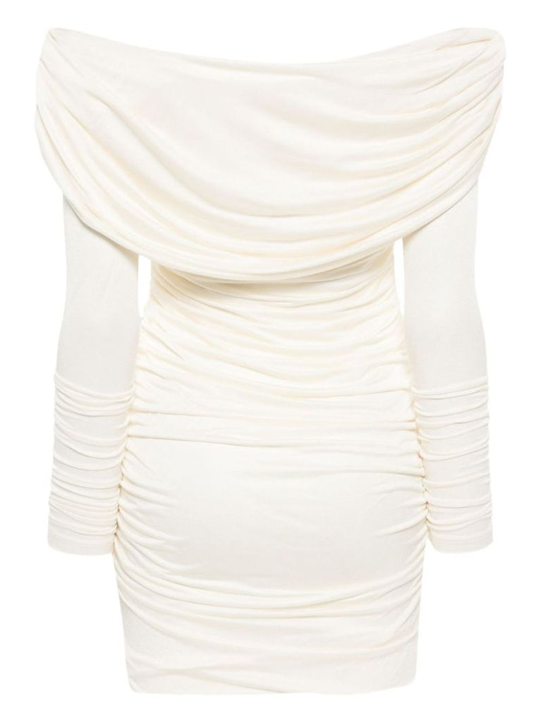 White Off-shoulder Ruched Mini Dress