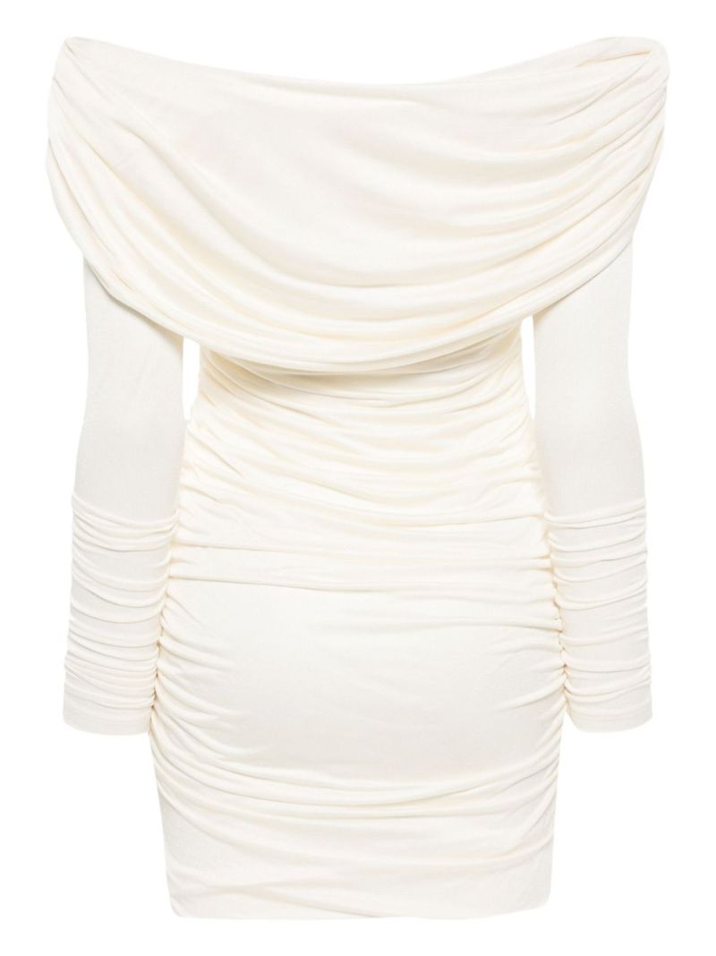 White Off-shoulder Ruched Mini Dress