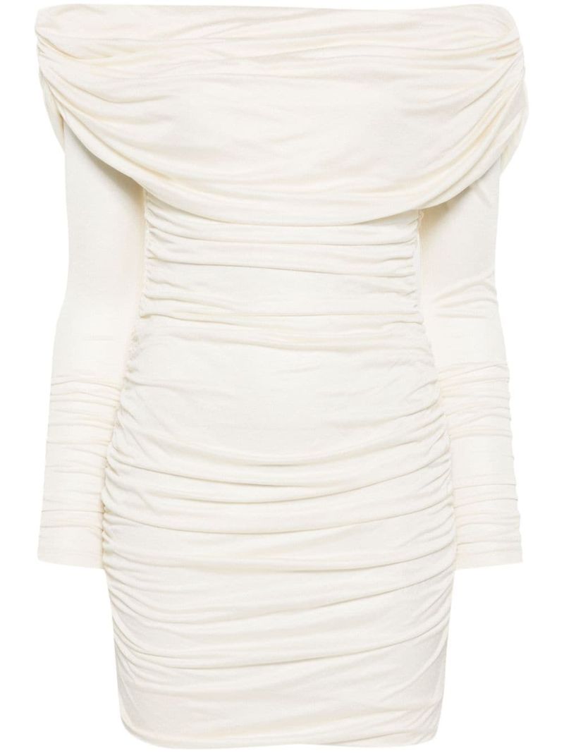 White Off-shoulder Ruched Mini Dress
