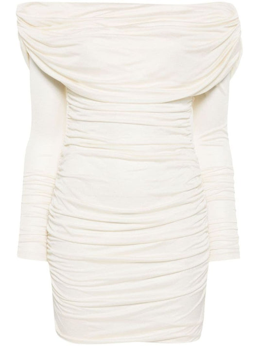 White Off-shoulder Ruched Mini Dress