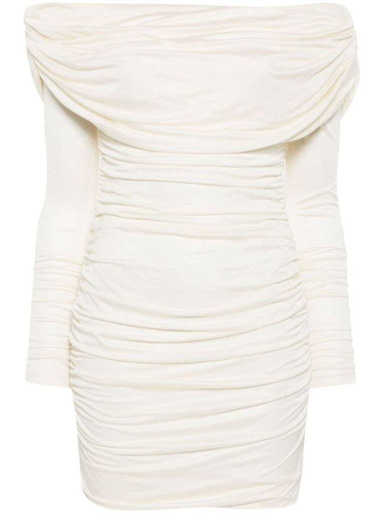 White Off-shoulder Ruched Mini Dress