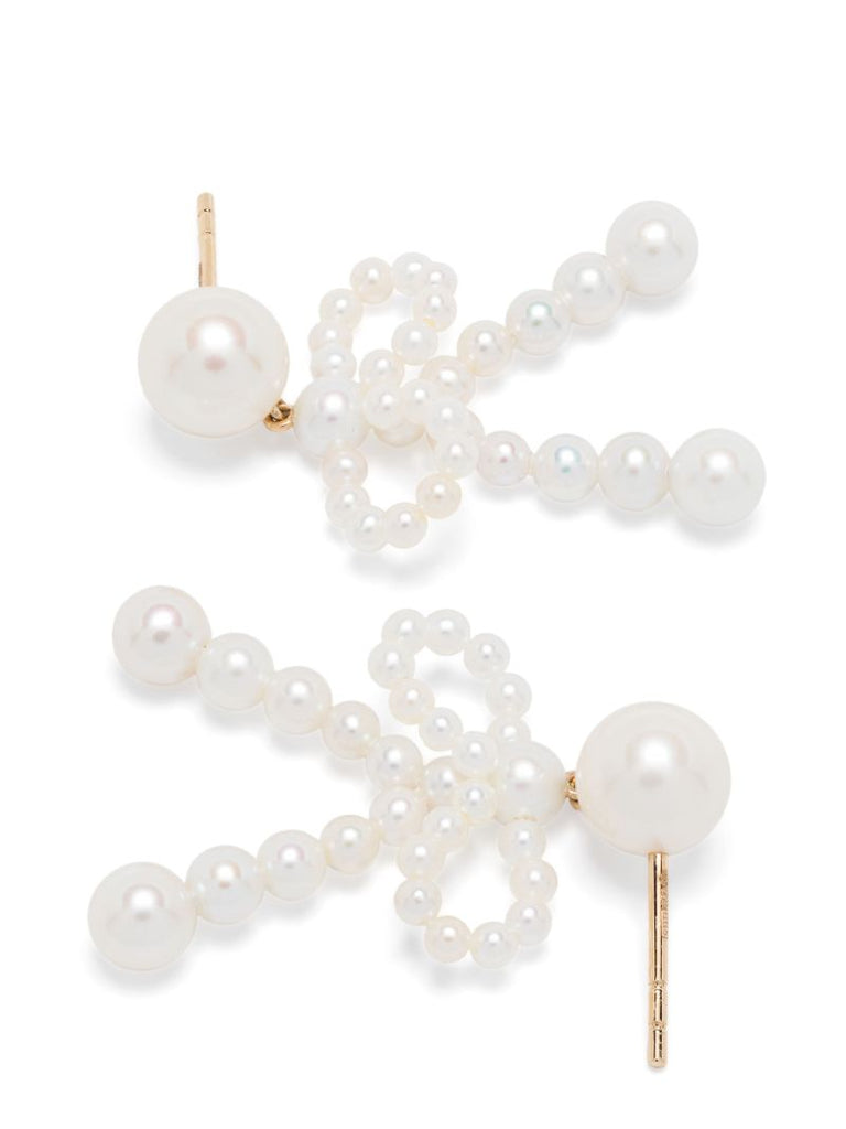 14k Yellow Gold Bow Pearl Earrings