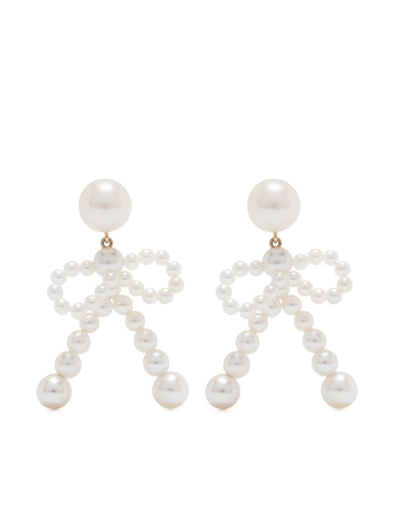 14k Yellow Gold Bow Pearl Earrings