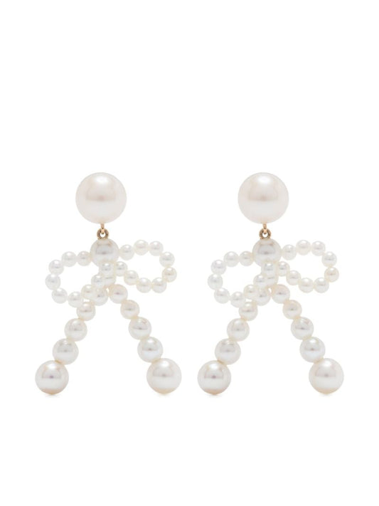 14k Yellow Gold Bow Pearl Earrings