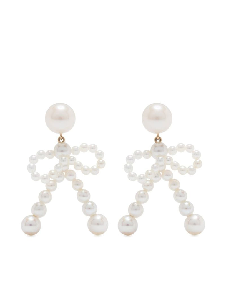 14k Yellow Gold Bow Pearl Earrings