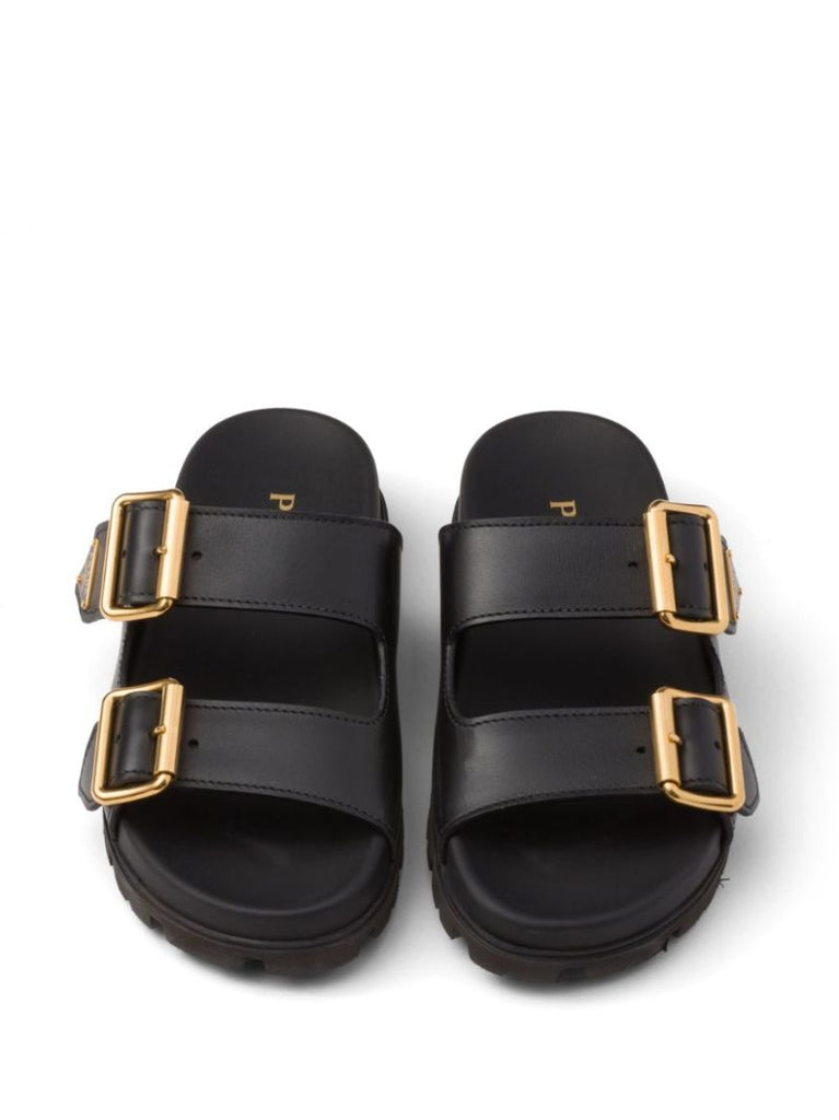 Black Triangle-logo Leather Slides