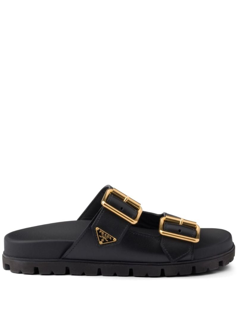 Black Triangle-logo Leather Slides