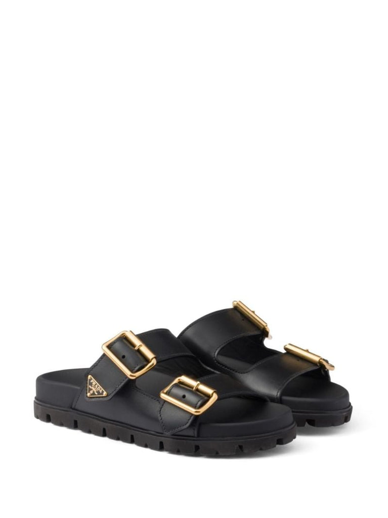 Black Triangle-logo Leather Slides