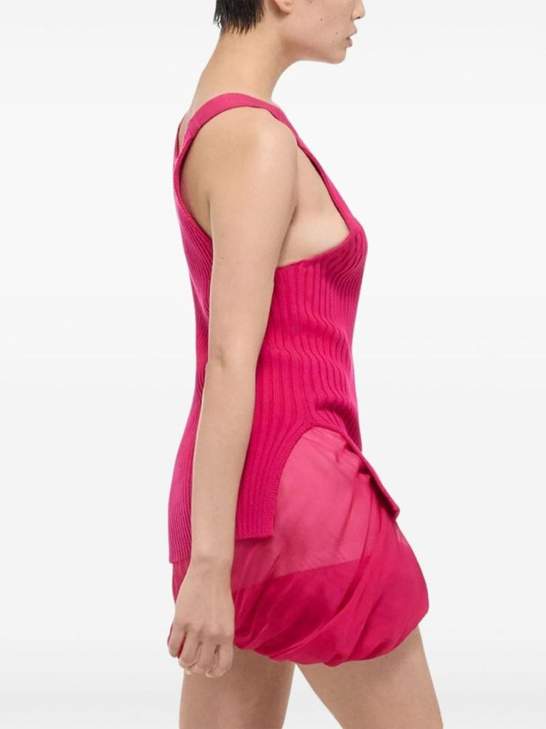 Pink Side-slit Ribbed Knit Tank Top