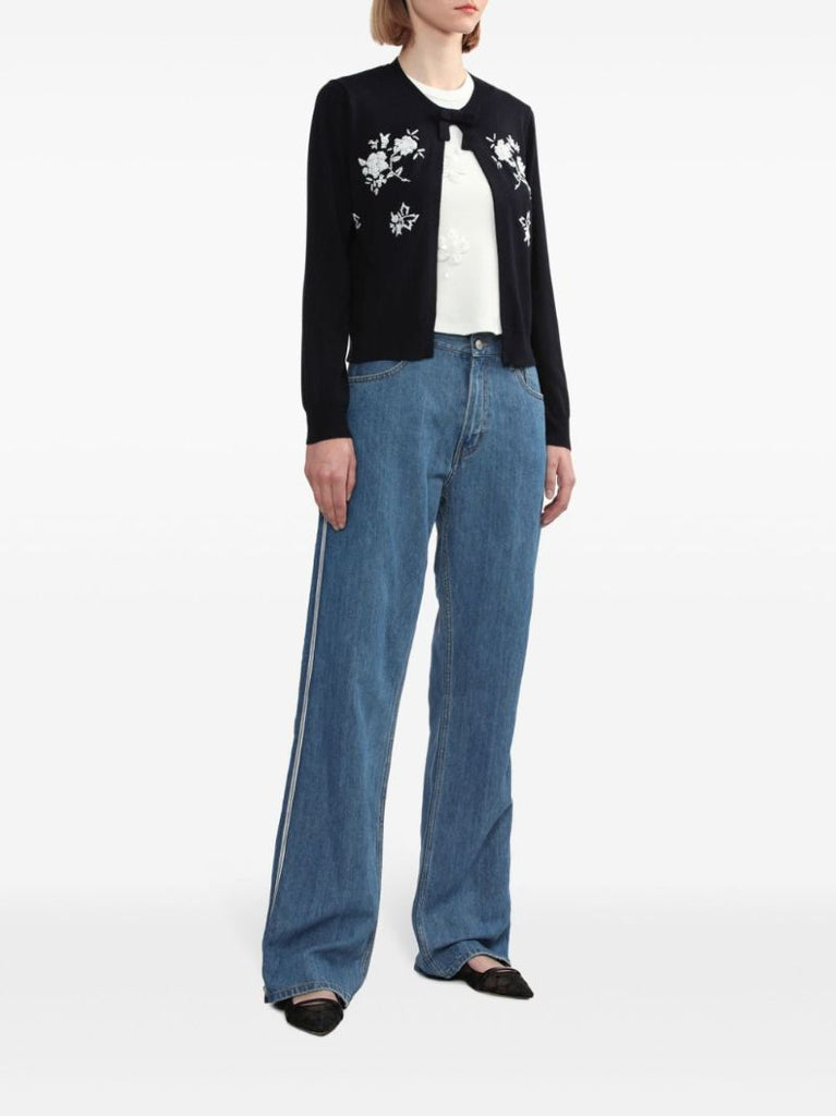 Blue Floral-embroidered Knitted Cardigan