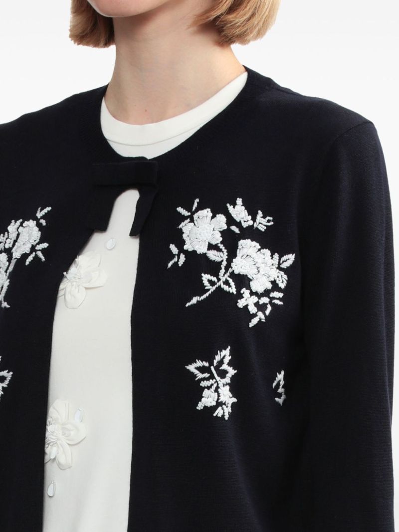 Blue Floral-embroidered Knitted Cardigan