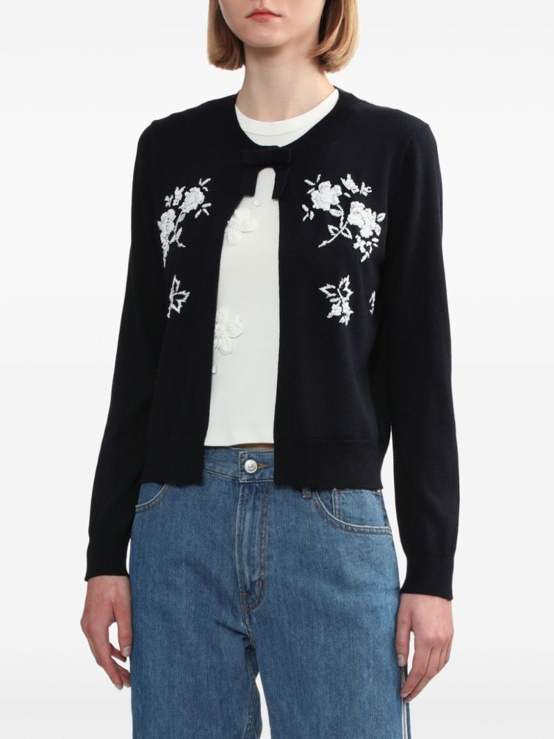 Blue Floral-embroidered Knitted Cardigan