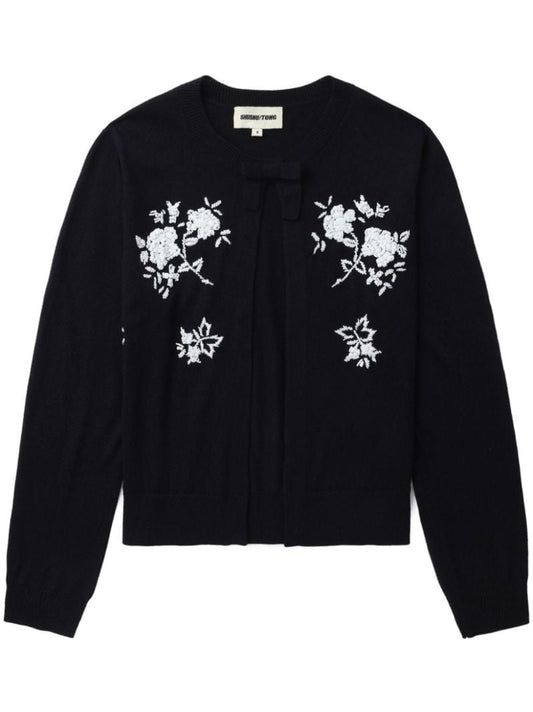 Blue Floral-embroidered Knitted Cardigan