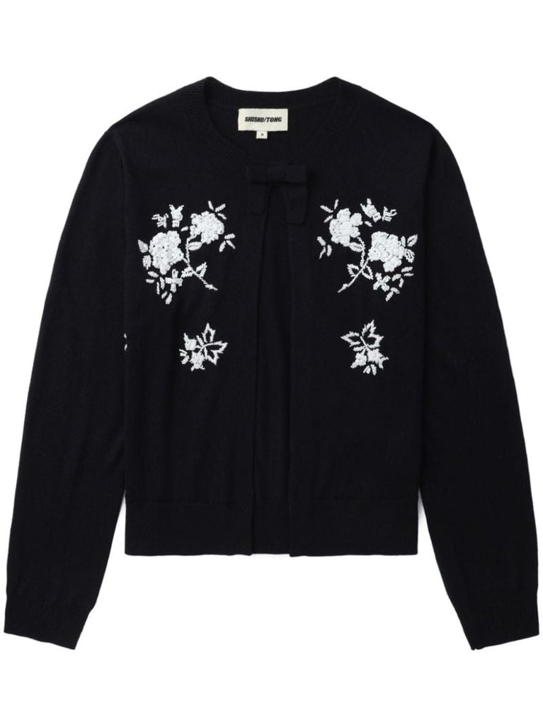 Blue Floral-embroidered Knitted Cardigan