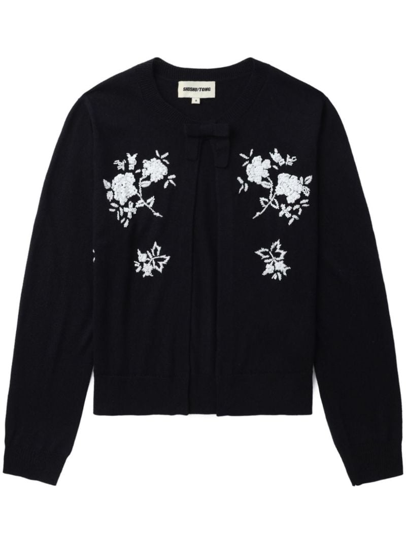 Blue Floral-embroidered Knitted Cardigan