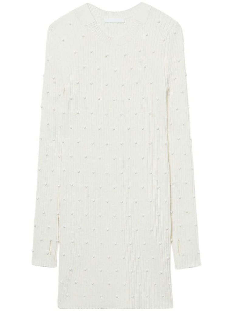 White Bead-embellished Ribbed Dress