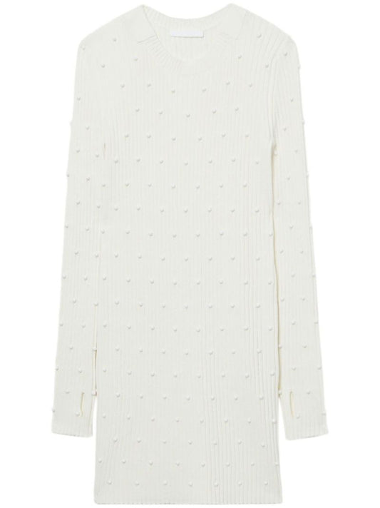 White Bead-embellished Ribbed Dress