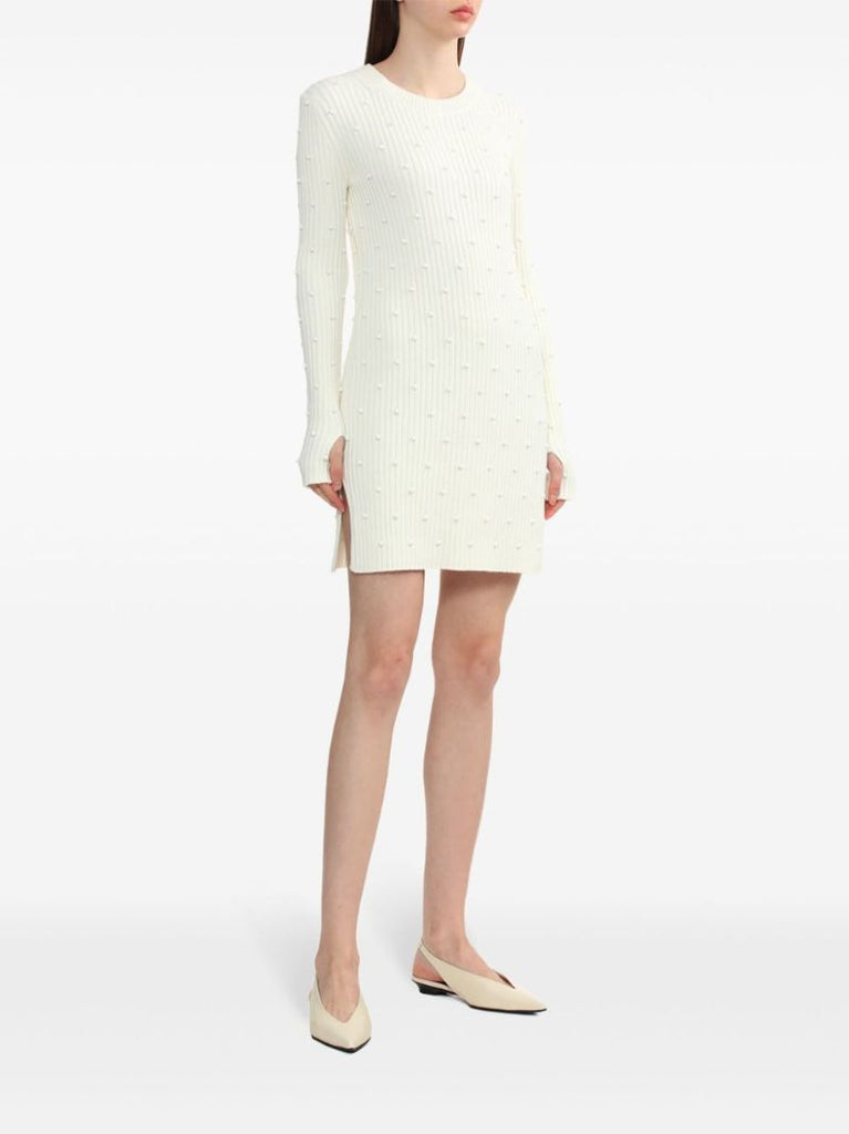White Bead-embellished Ribbed Dress