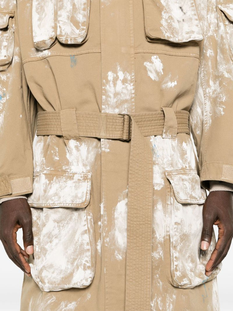 Neutral Paint Splatter-print Cotton Trench Coat