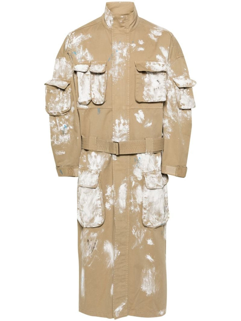 Neutral Paint Splatter-print Cotton Trench Coat