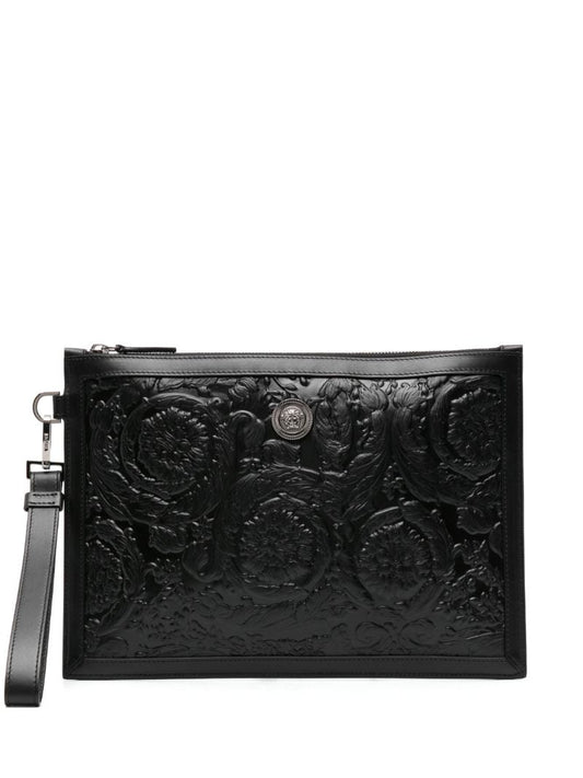Black Barocco-embossed Leather Clutch Bag