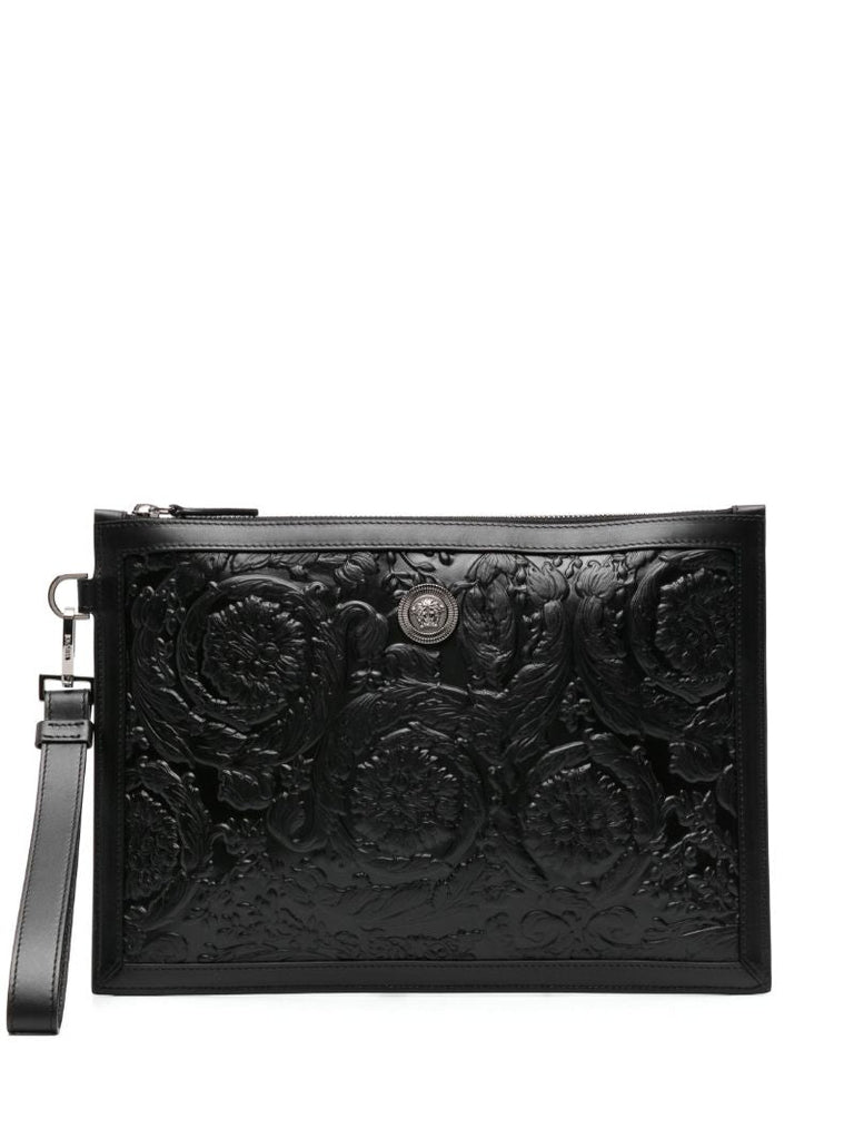 Black Barocco-embossed Leather Clutch Bag