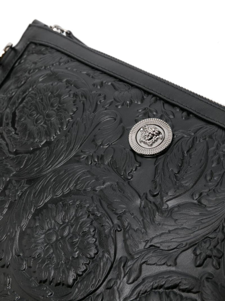 Black Barocco-embossed Leather Clutch Bag