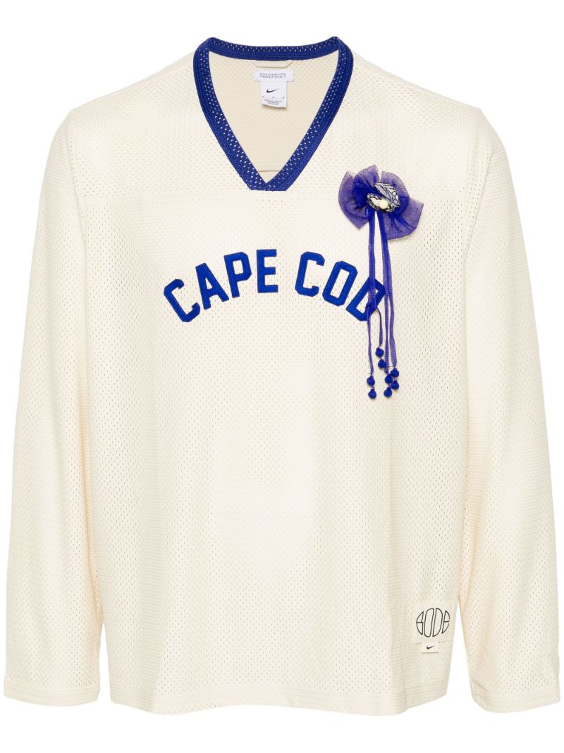 Ecru White Text Patch Long-sleeved Mesh T-shirt