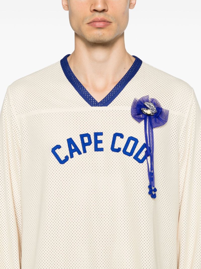 Ecru White Text Patch Long-sleeved Mesh T-shirt