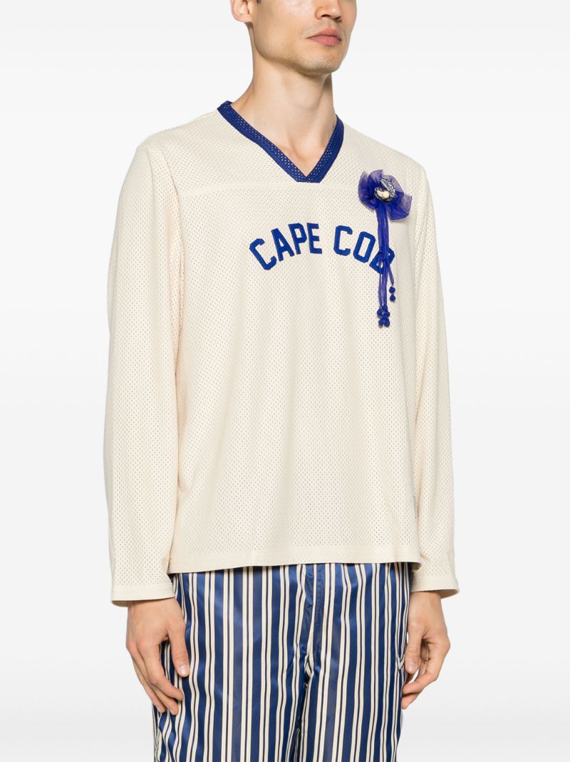Ecru White Text Patch Long-sleeved Mesh T-shirt