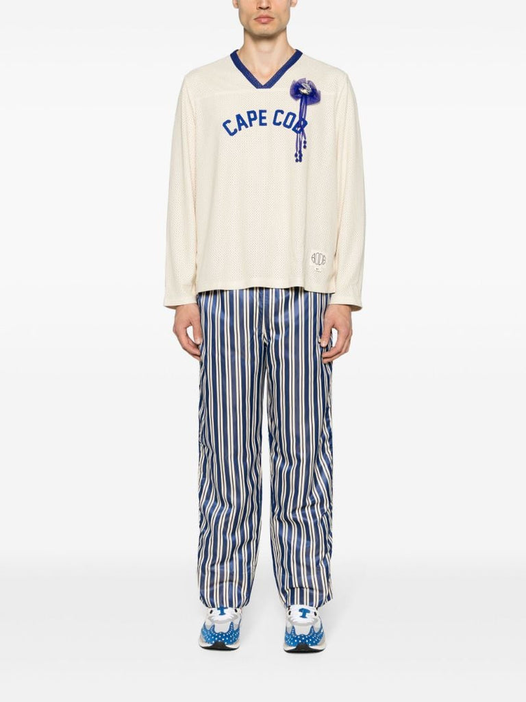 Royal Blue and Ecru White Satin Finish Striped Track Pants