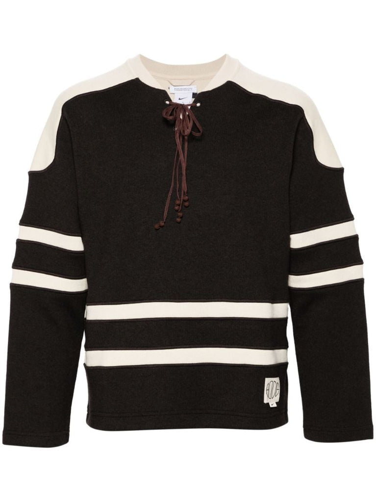 Cedar Brown and Ecru White Panelled Stripes Jumper