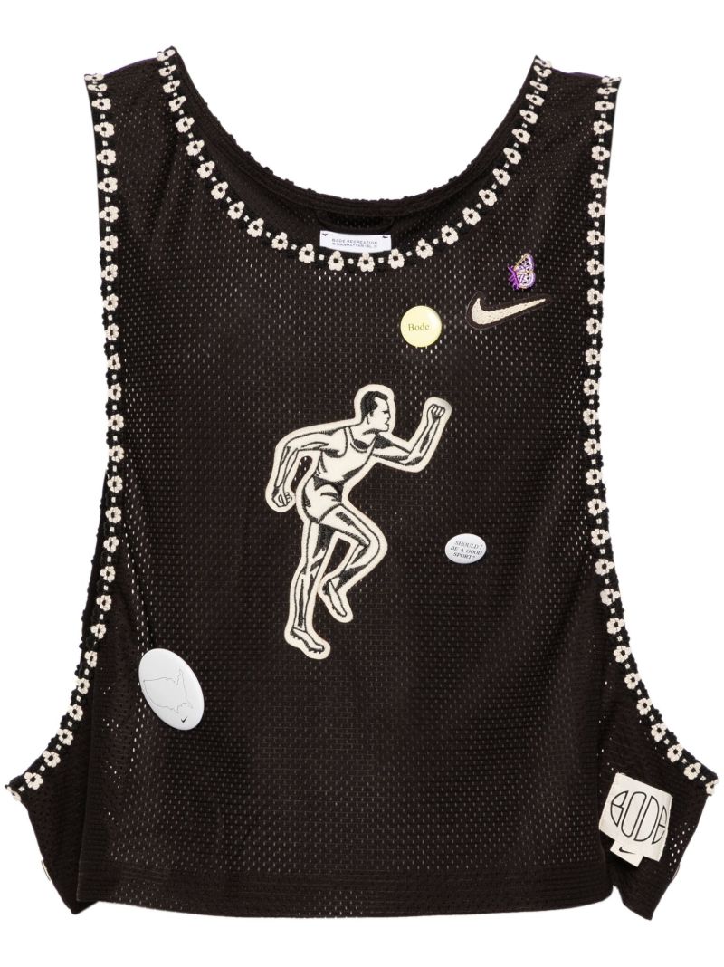 Brown Floral-embroidered Trimming Mesh Tank Top