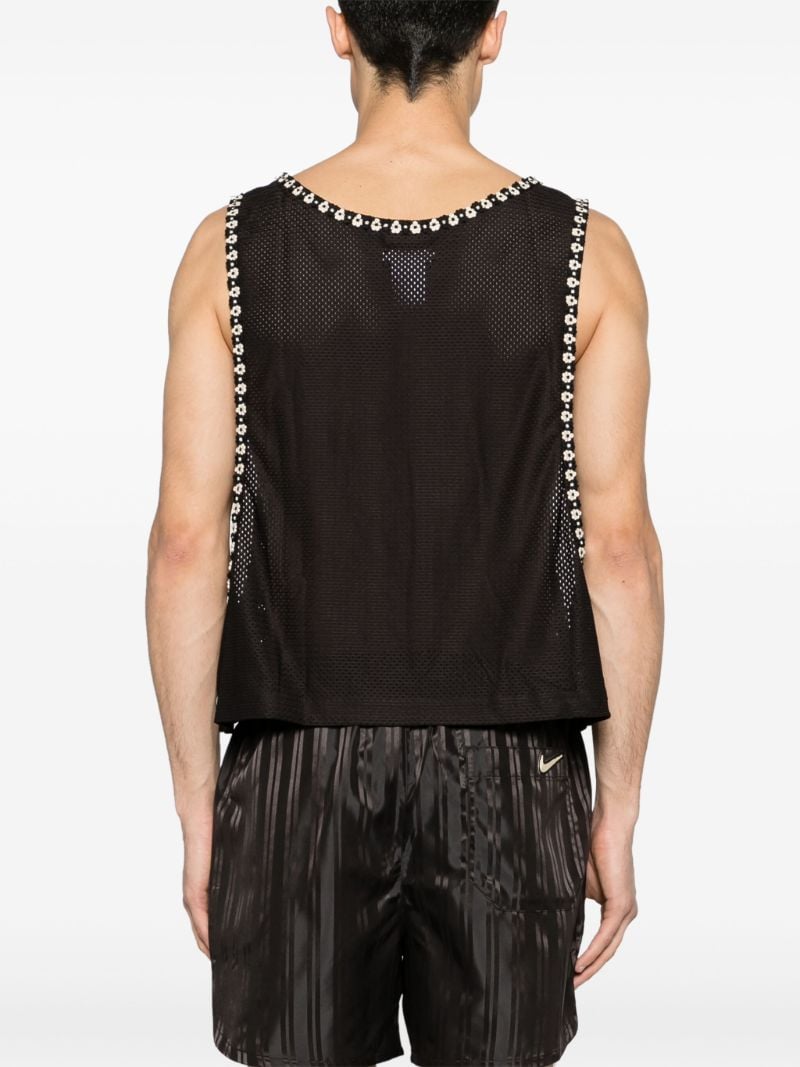 Brown Floral-embroidered Trimming Mesh Tank Top