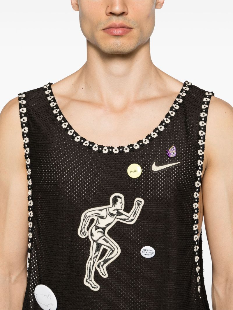 Brown Floral-embroidered Trimming Mesh Tank Top