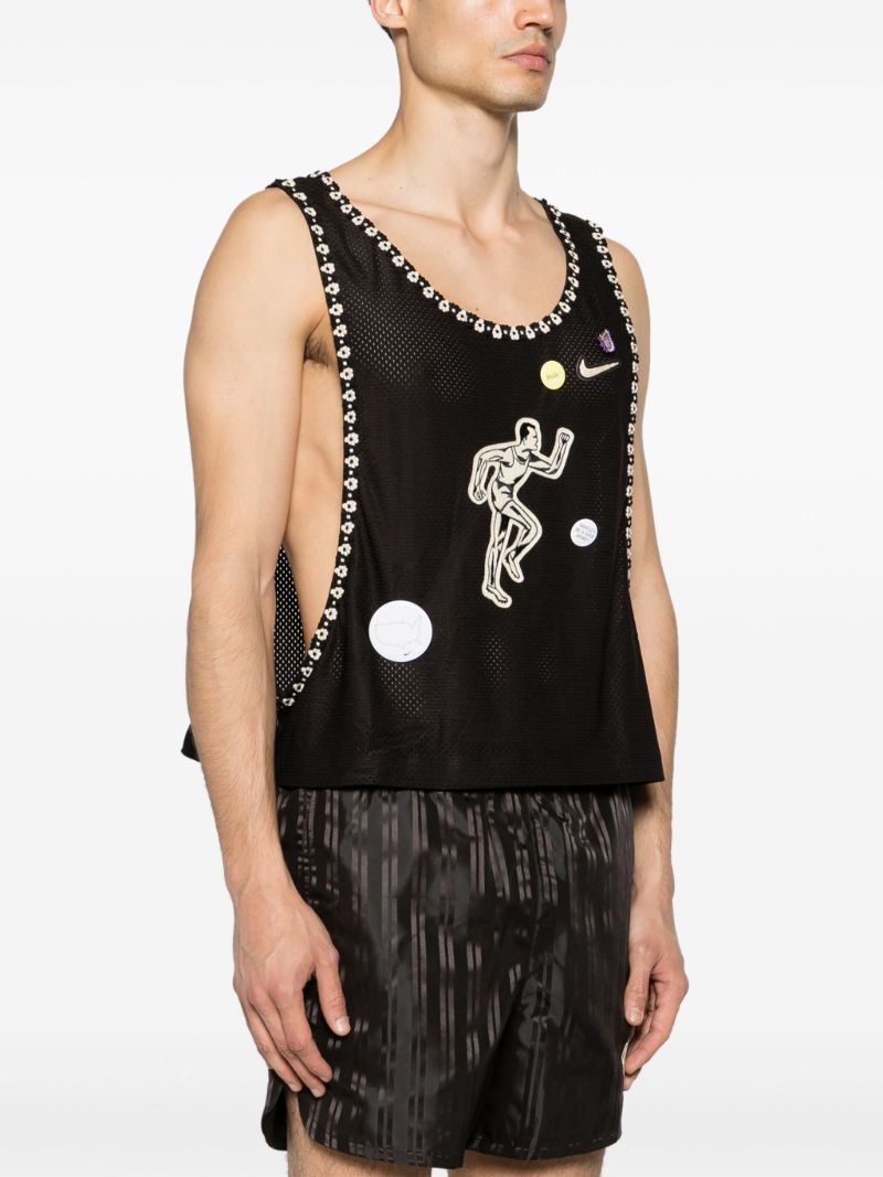 Brown Floral-embroidered Trimming Mesh Tank Top