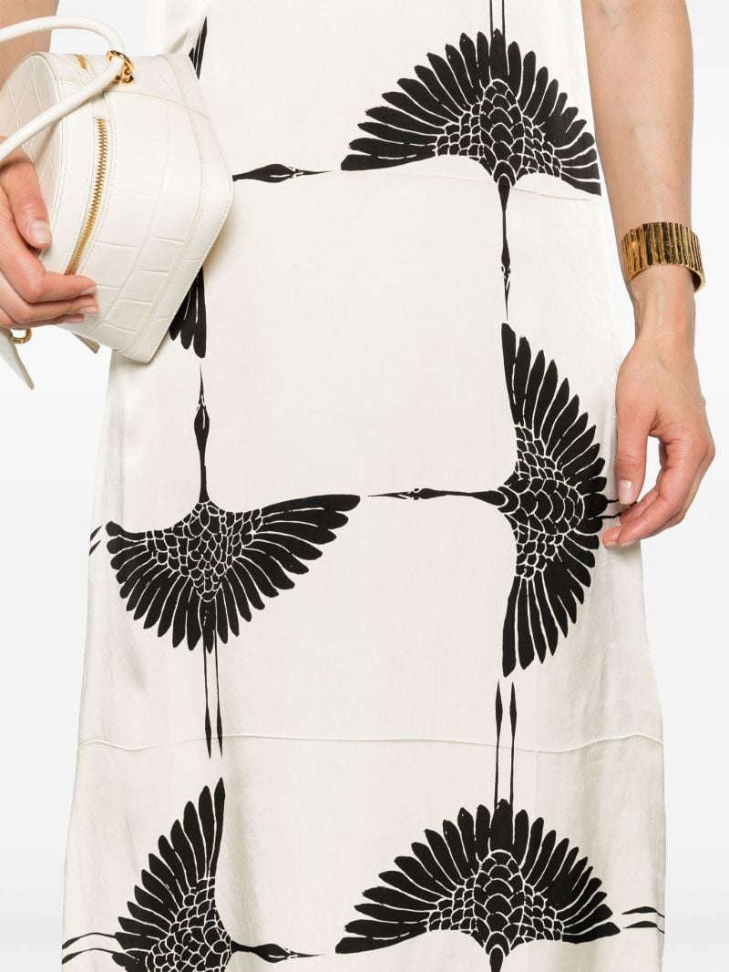 Cream White Bird Print Midi Dress