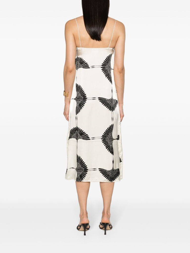Cream White Bird Print Midi Dress