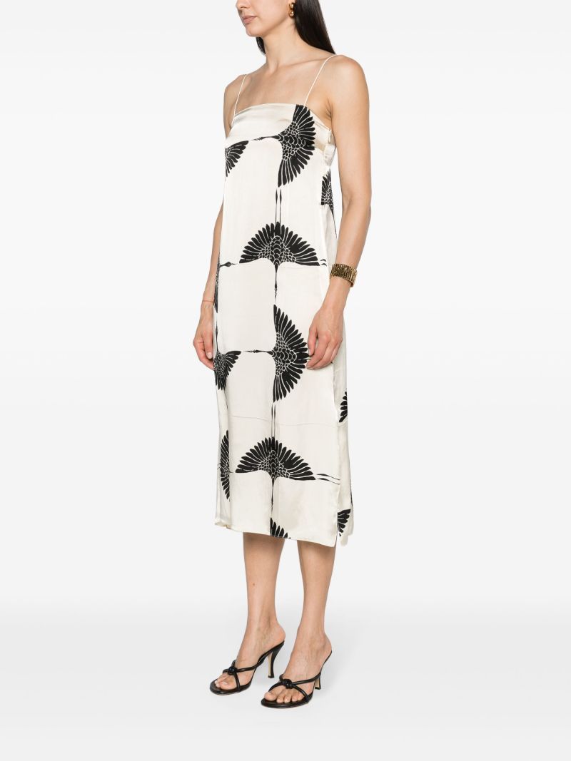 Cream White Bird Print Midi Dress