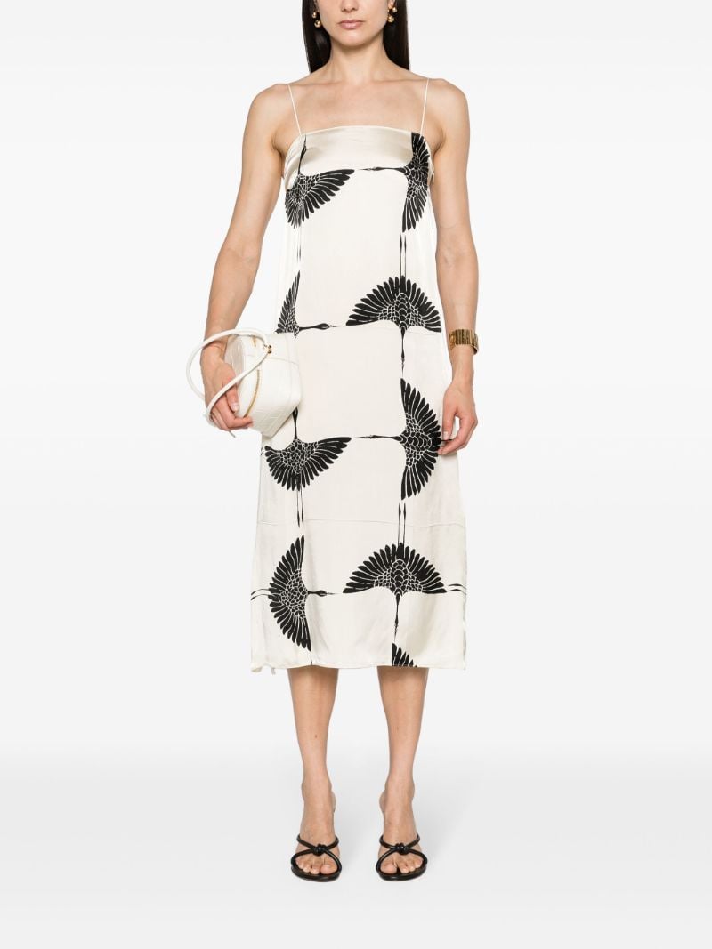 Cream White Bird Print Midi Dress