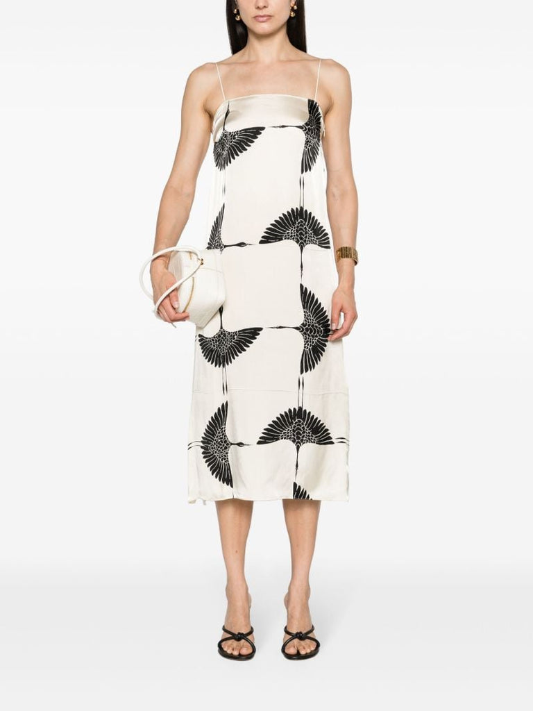Cream White Bird Print Midi Dress