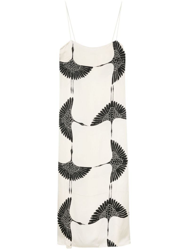 Cream White Bird Print Midi Dress