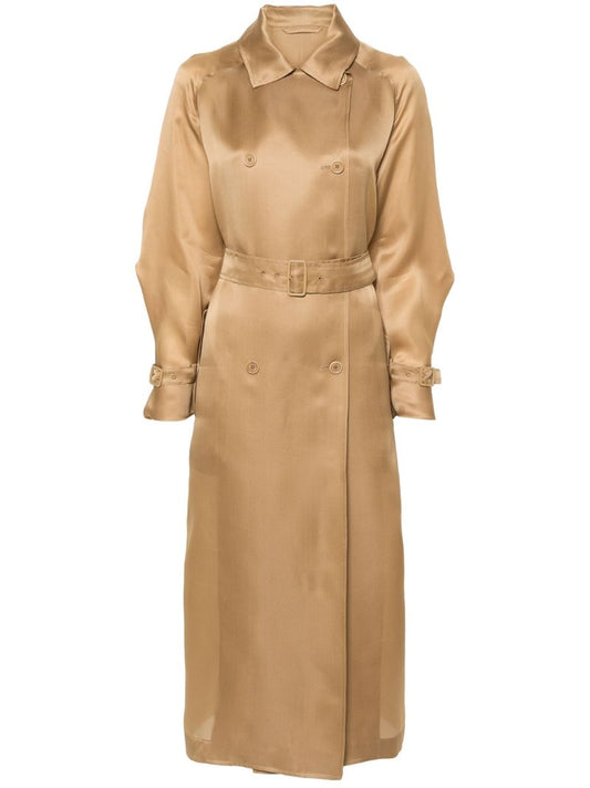 Camel Brown Double-breasted Silk Coat