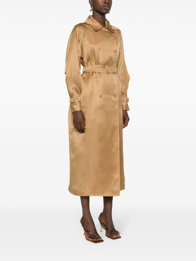Camel Brown Double-breasted Silk Coat