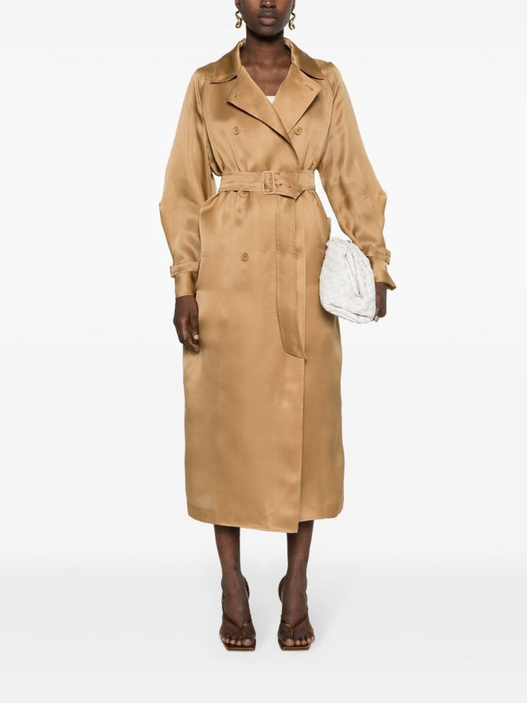 Camel Brown Double-breasted Silk Coat
