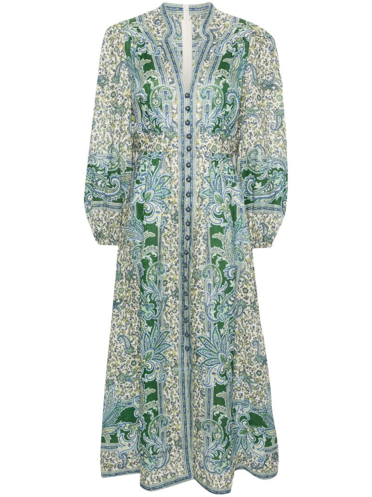 Green Paisley-print Linen Shirt Dress