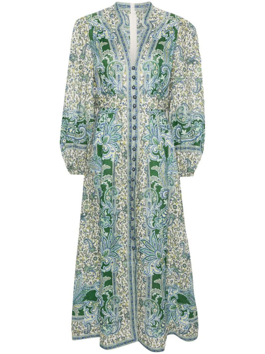 Green Paisley-print Linen Shirt Dress